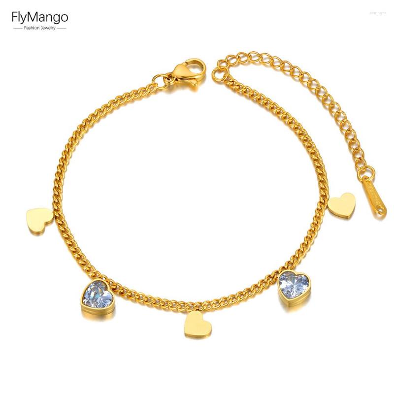

Charm Bracelets FlyMango Trendy Stainless Steel Heart Shape CZ Crystal For Women 18K Gold Plated Bohemia Chain Bracelet FB22081