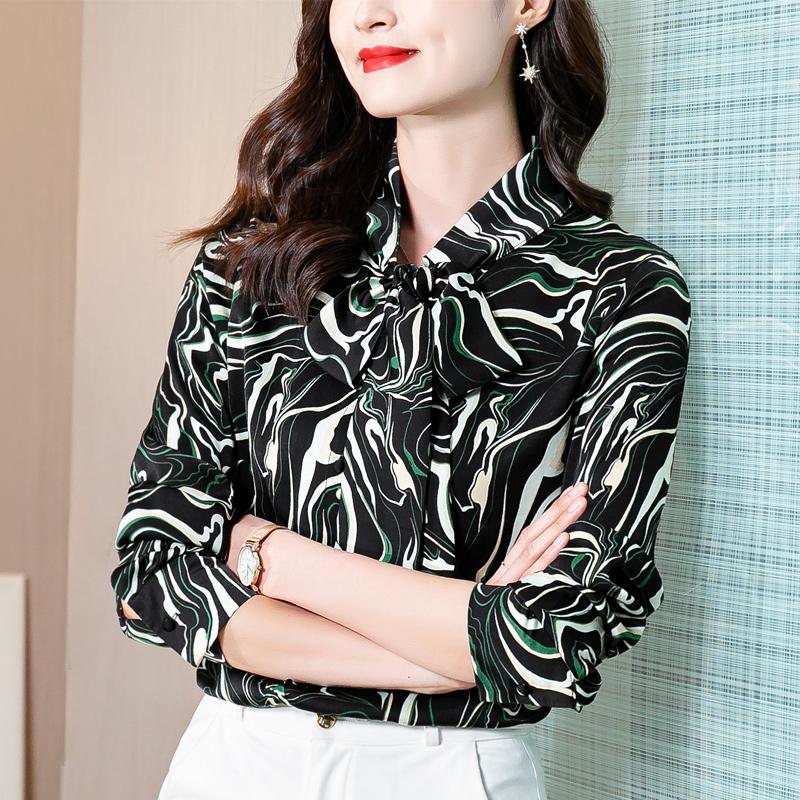 

Women's Blouses 2023 Autumn Women's Fashion Satin Bow Collar Long-sleeve Shirts Office Lady Work Formal Vintage Blouse Female, Green
