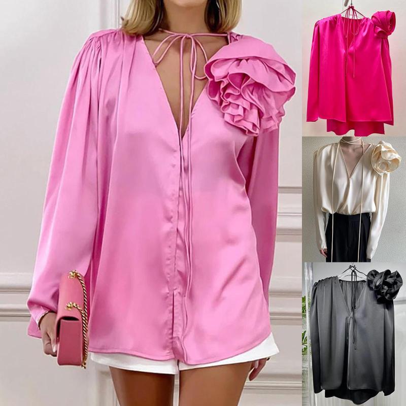 

Women' Blouses Women' Spring Summer Casual Shirt Solid Color Long Sleeve V Neck Hook Closure Tops, Beige