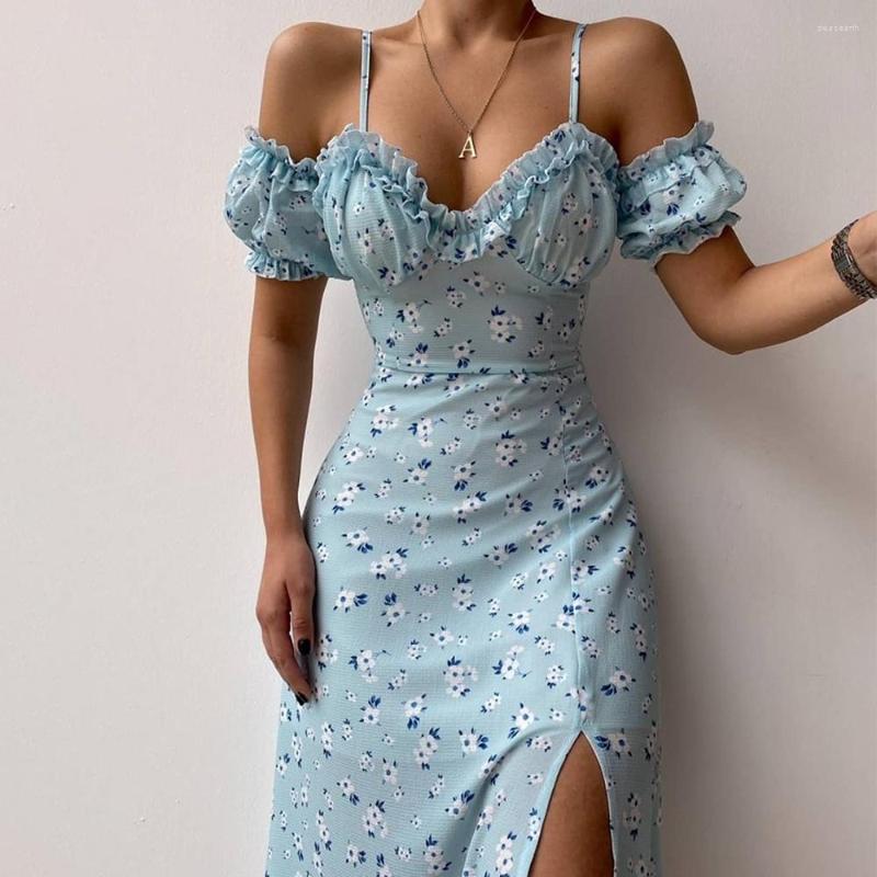 

Skirts Women Floral Boho Beach Dress Casual Suspender Short Sleeve V-neck Split Drawstring Sexy Vestidos Long Sundress, Blue