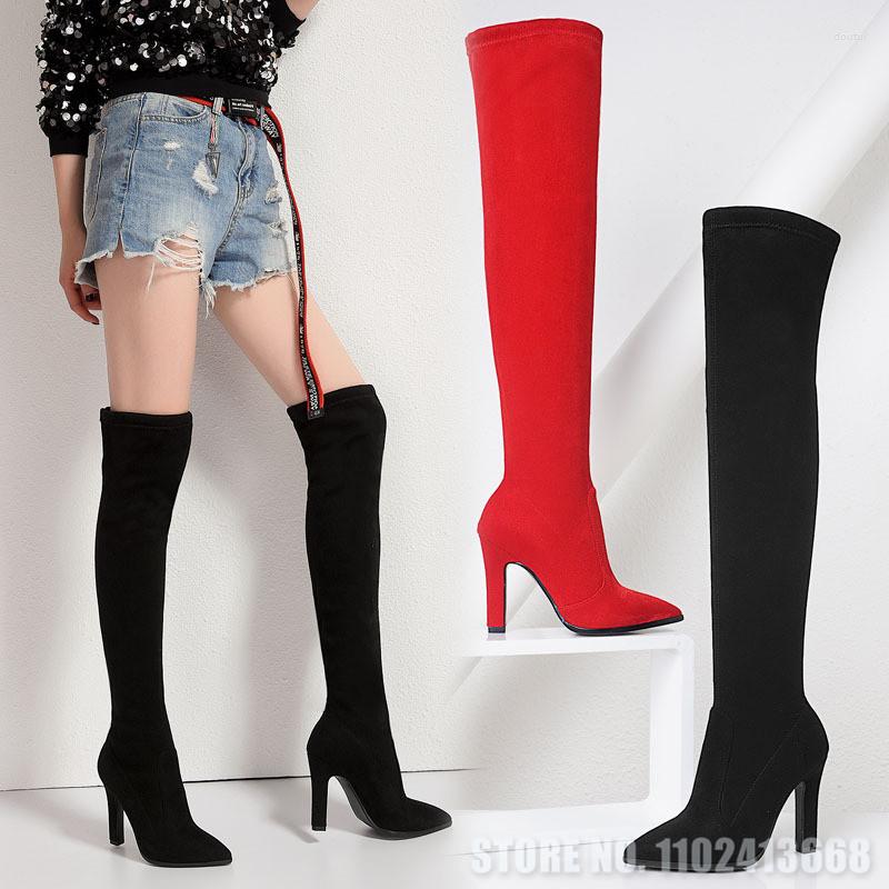 

Dress Shoes Suede Knee High Boots Square Heels Runway Women Pointed Toe Slip On Over The Winter Fashion Solid Black Brown, Photo color 6