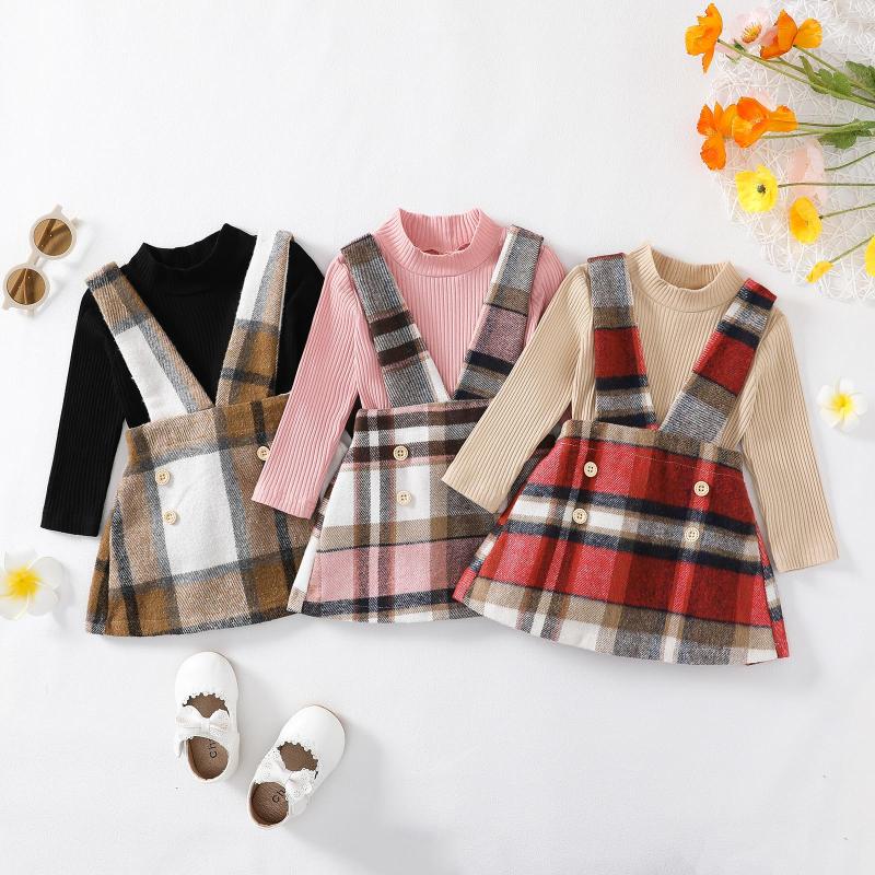 

Clothing Sets Kids Girl Autumn Winter Outfit Ribbed Long Sleeves Tops And Casual Plaid Button Suspender Skirt Set Fashion Children's, Beige