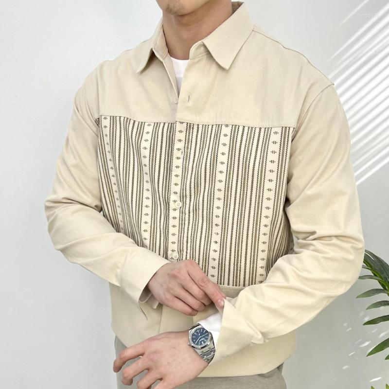 

Men's Casual Shirts 2023 Spring Leisure British Business Shirt Design Men Lapel Slim Stitching Camisa Social Masculina, Apricot