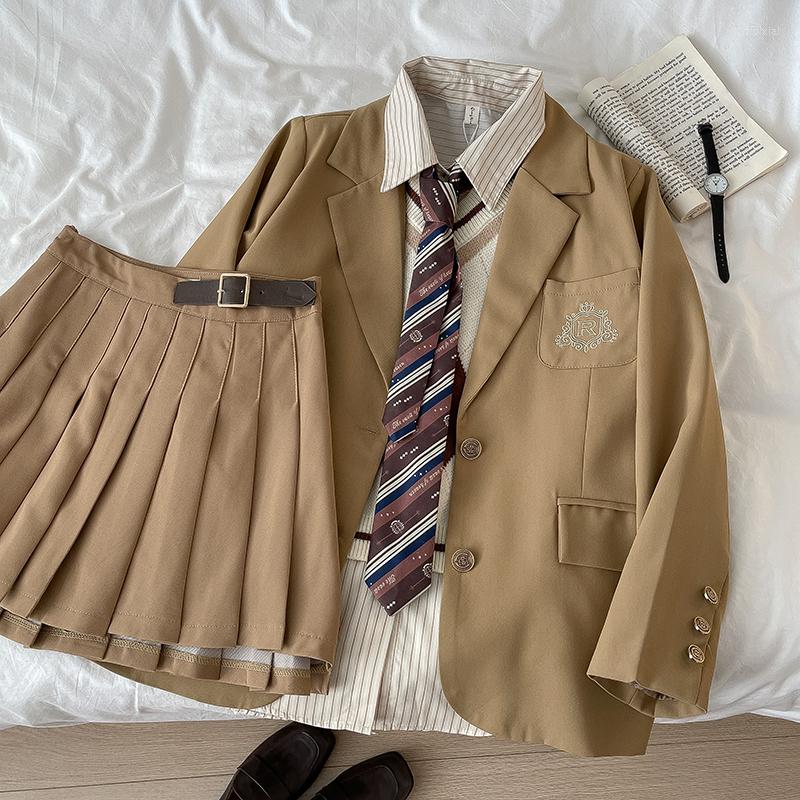 

Work Dresses Preppy Style Sweet Suit Loose Midi Coat Female Khaki Shirt Rhombus Vest Pleated Skirt 2023 Autumn Pure Versatile Women