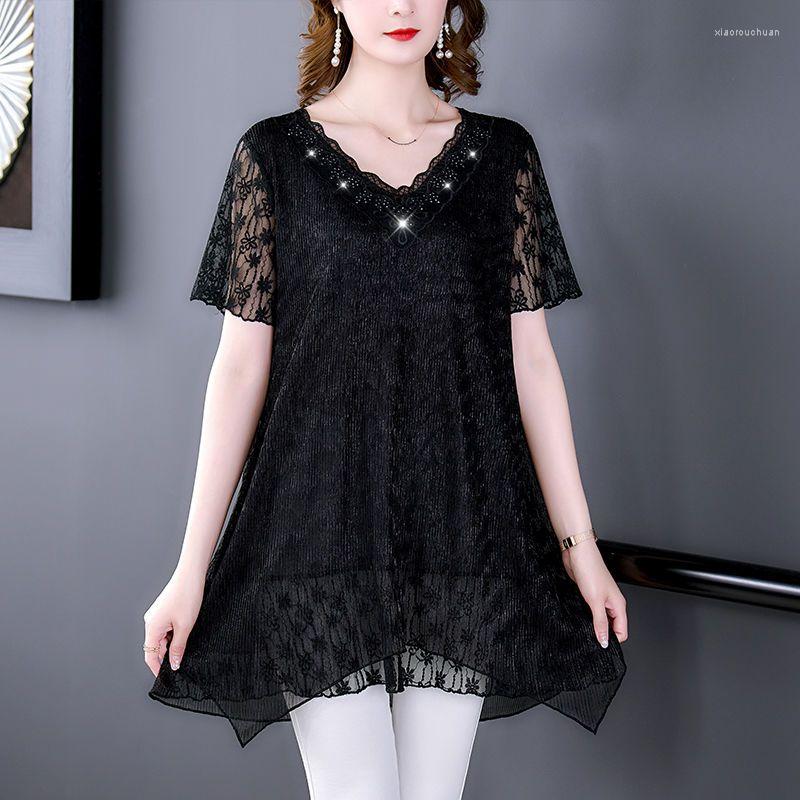 

Women's Blouses Summer Thin Solid Color Chiffon Sexy Shirts Loose V-neck Lace Bottoming Korean Fashion Style Women Tops Clothing C07, Black