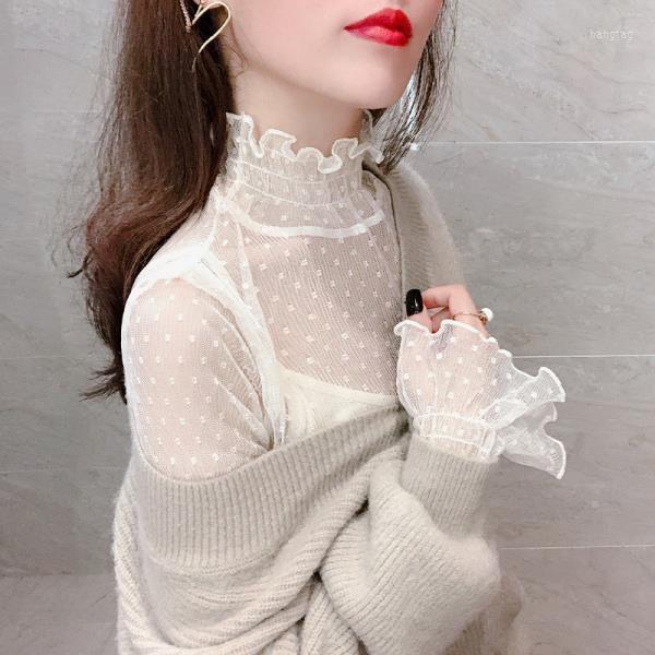 

Women's Blouses Lace Bottomed Blouse Women Autumn And Winter Style Foreign With Super Fairy Horn Sleeve Gauze Jacket Half High, Fine workmanship