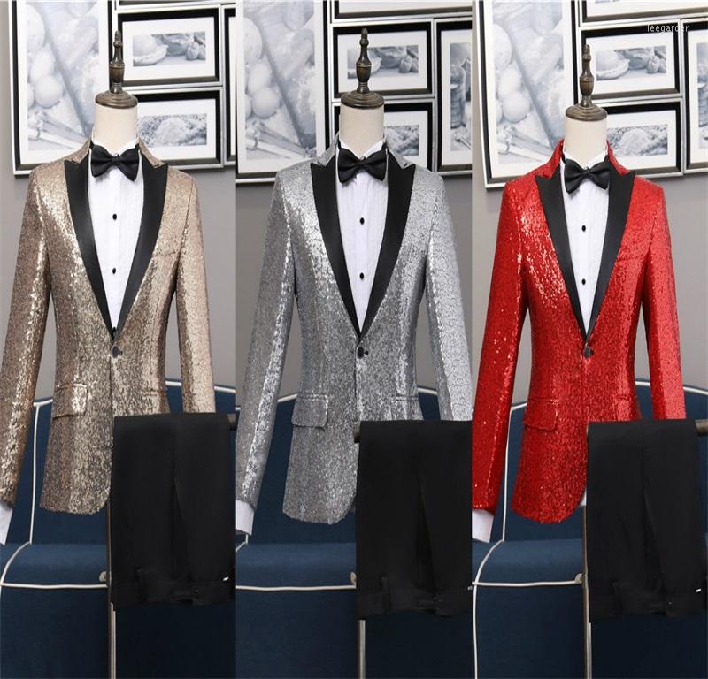 

Men' Suits 2-Piece Men Custom Made Fit Slim Adult Sequin Tuxedo Suit Nightclub Bar Party Stage Performance For Man, Gold