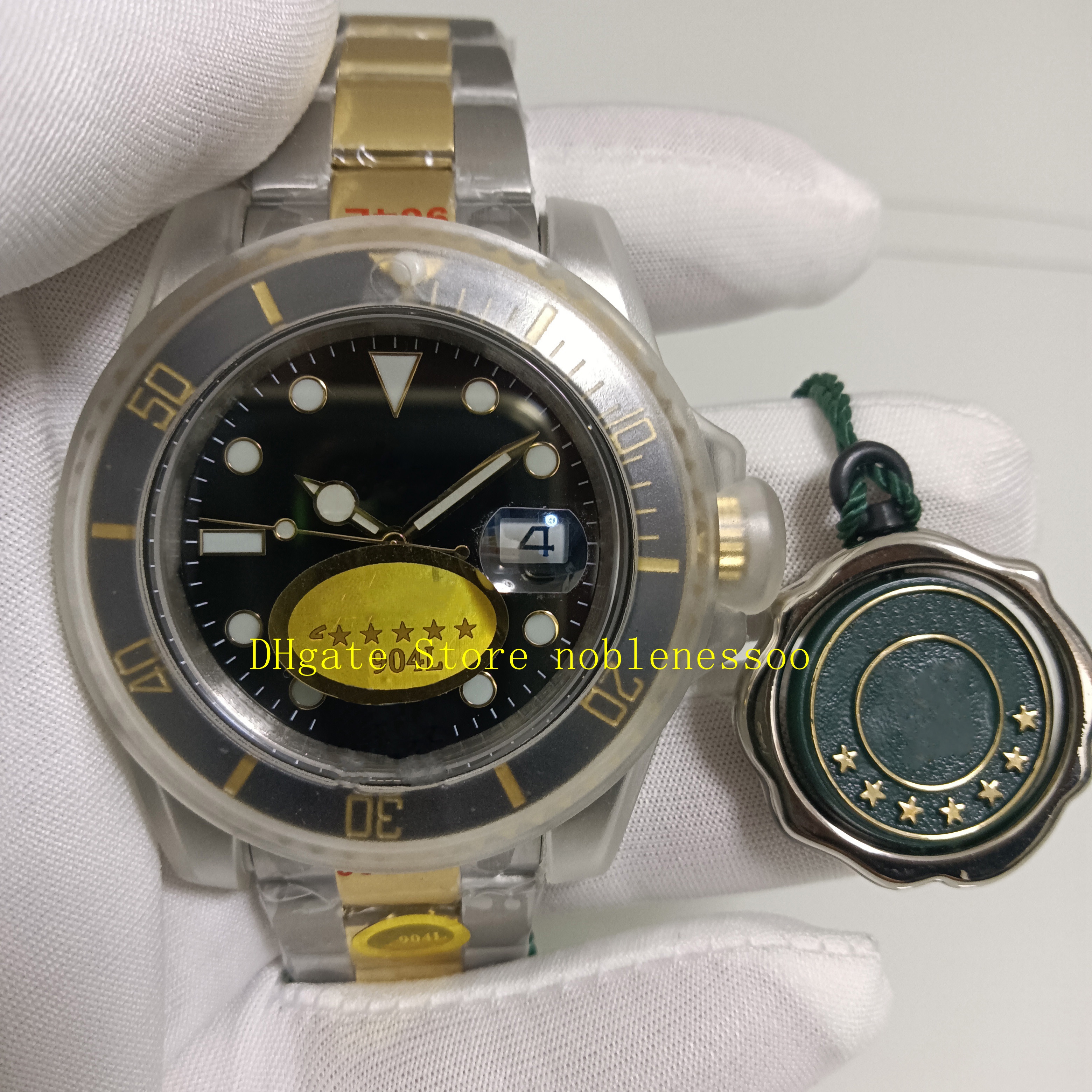 

7 Style Real Photo Mens 904L Steel Watch Automatic Men 41mm Black Dial Ceramic Bezel 18k Yellow Gold Two Tone Bracelet V5 Dive Sport Cal.2813 Movement Watches