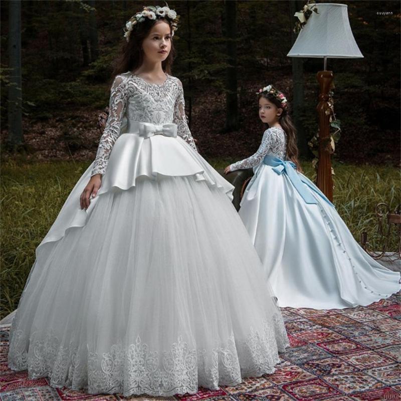 

Girl Dresses First Communion Long-sleeved Lace Decal Bow Belt Decoration Flower Girls Dress Wedding Party Ball Dream Kids Gift, White