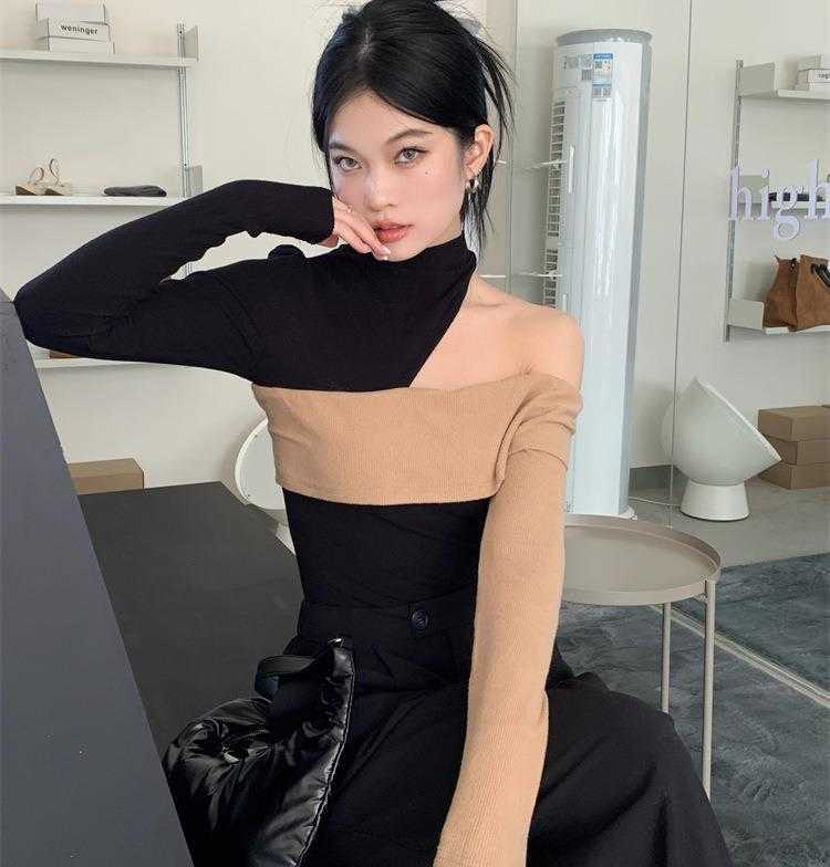 

Womens Turtleneck Off The Sweater Shoulder Color Block Basic Shirt T Autumn, Picture color