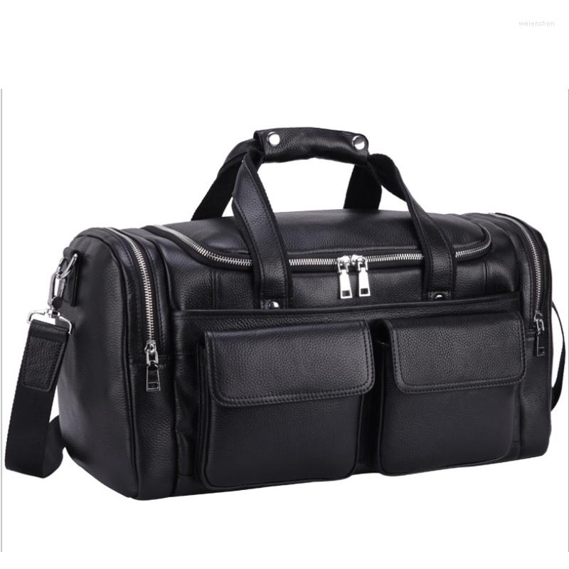 

Duffel Bags Black Mens Genuine Leather Travel Duffle Soft Cowskin Bag For Busiess Trip Man Male Big Size Fashion Weekend