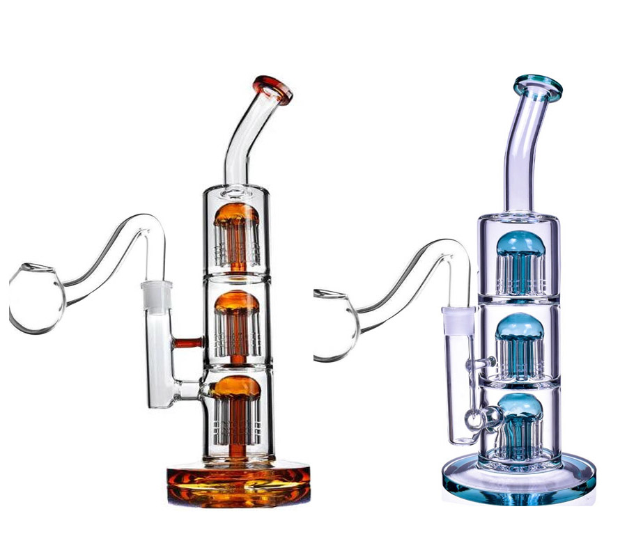hookahs Three-layer Arms tree Perc Big Bong Thick Glass Straight Water Pipe 33cm tall 14mm joint-image-407712101