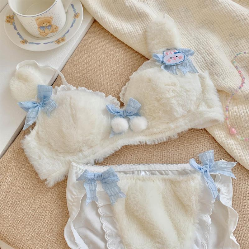 

Bras Sets Soft Velvet Bralette Autumn And Winter Plush Underwear Women's Small Chest Gathered Cute Sweet Warm Bra Set Cotton Lingerie, As picture show