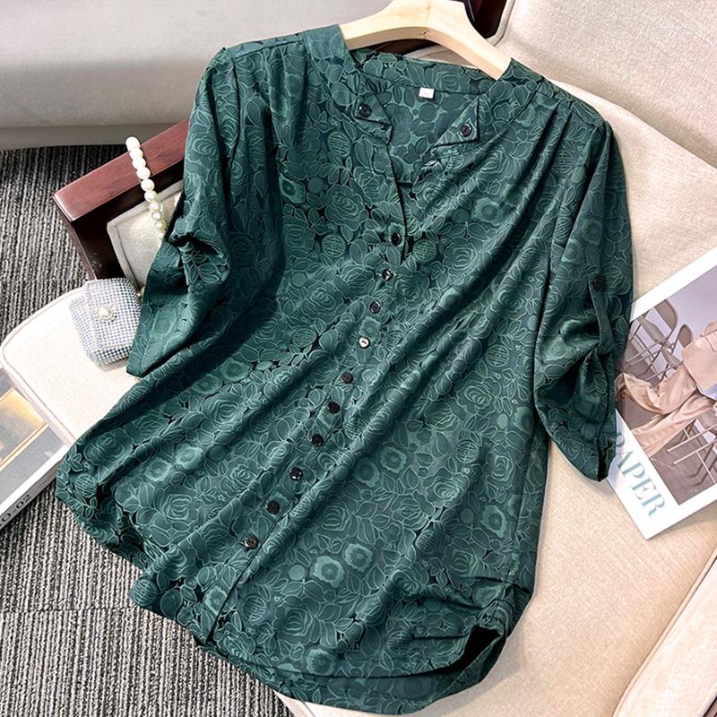

Women's Blouses Elegant Ladies Shirts Flower Print Silk Causal Loose Women's Tops Blusas Mujer, Green