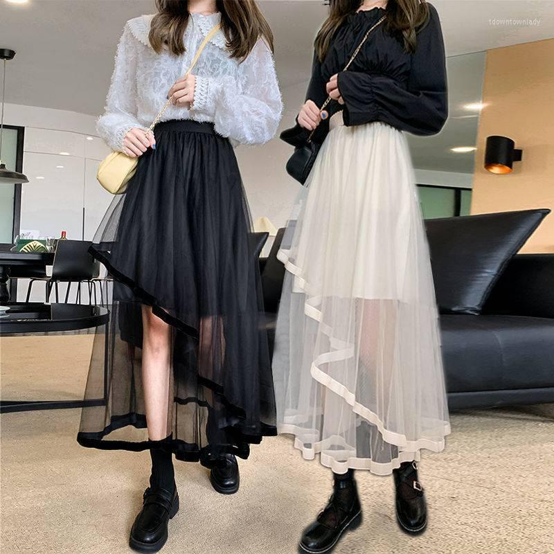 

Skirts Black Irregular Patchwork Tulle Fairy Skirt High Waist Beige Midi Length Spring Summer 2023 Korean Fashion Women Trending