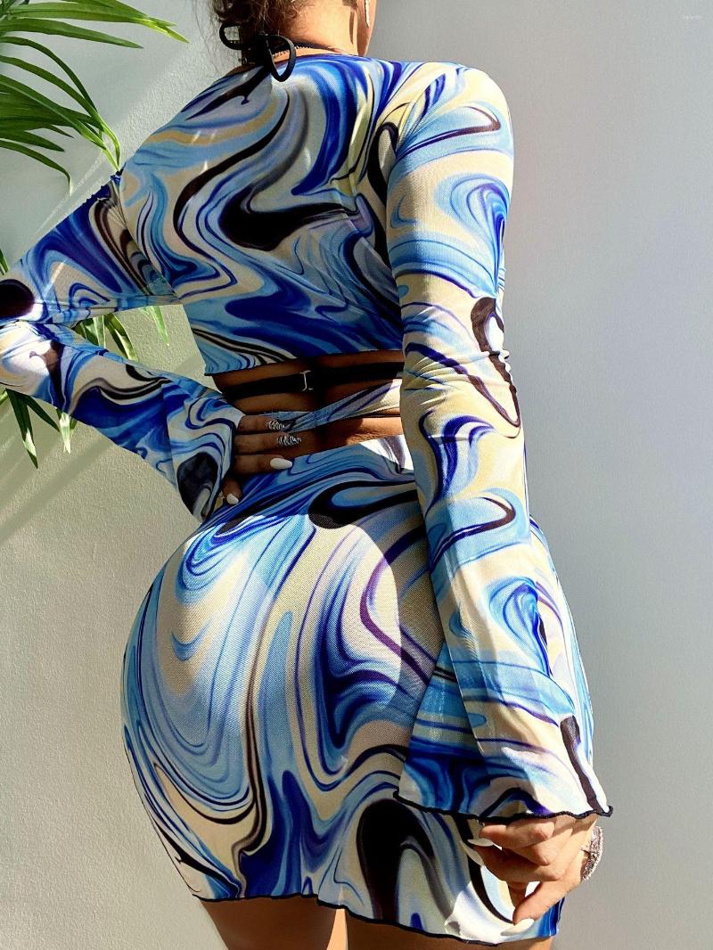 

Women' Swimwear Long Sleeve Cover Up With Mesh Skirt Swimsuit Summer Bathing Suit High Waist 4 Piece Tie Dye Bikini Women Wave Print, Blue