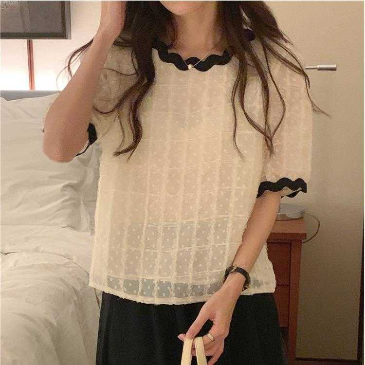 

Korean Style Summer Womens Blouses Contrast Color Round Neck Lace Chiffon, Rice apricot color