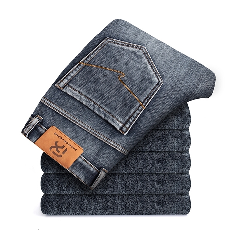 

Men's Jeans Winter Fleece Thick Warm Zippered Pocket Design Denim Classic Business Casual Men's Fitted Straight Stretch Mid-high Waist Jeans 230414, Light blue