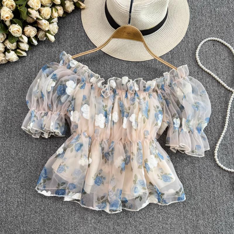 

Women's T Shirts Blouses For Women Fashion 2023 Elegant Top Female Clothing Show Slim Short Tops Summer Print Ladies Camisas Y Blusas, Blue