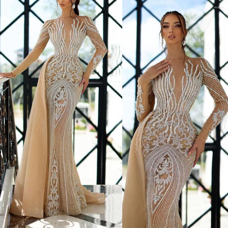 

Party Dresses Mermaid Prom Dress Long Sleeves Sexy Appliques Sequins Beads Lace High Neck Plus Size Hollow Pageant Evening Gowns Bridal, Gold