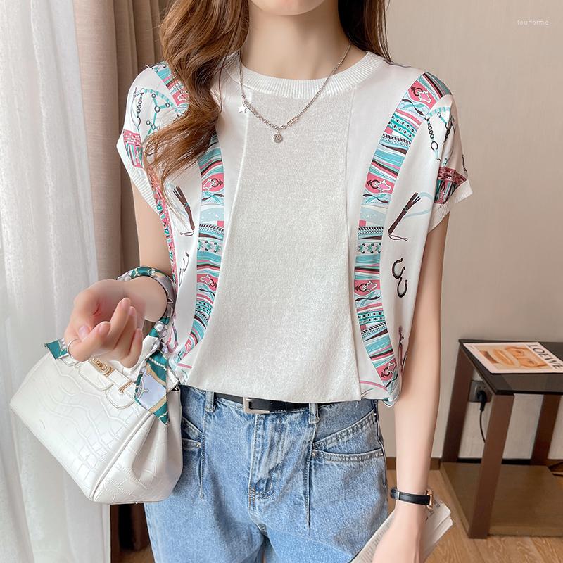 

Women' T Shirts Vintage T-shirt For Women Summer 2023 In Knit Chiffon Patchwork Loose Tees Short Sleeve Fashion Top O-Neck Print, White