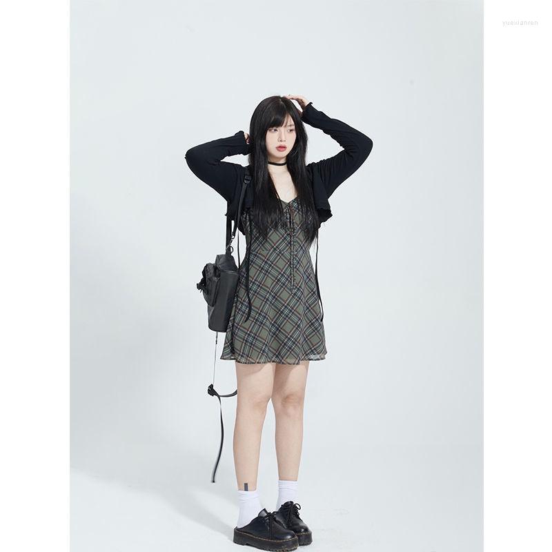

Work Dresses 2023 Women's Fall Waist-skimming Women Long-sleeved Tops Drawstring Plaid Sling Dress Y2K Korean Fashion, Two pieces