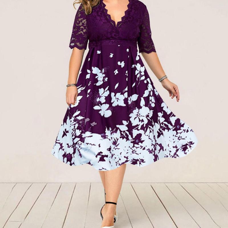 

Casual Dresses Women's Print V Neck Lace Stitching Party Dress, Black