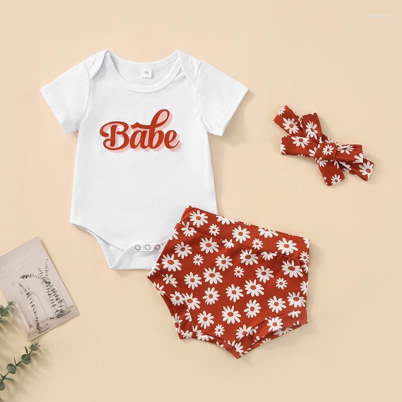 

Clothing Sets 3 Pieces Baby Suit Set Letter Print Round Neck Short Sleeve Romper Daisy Shorts Headband For Girls 0-18 Months, White