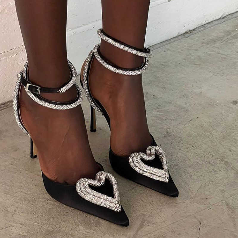 

Sandals Crystal Love High Heels Women Ladies Pointed Toe Slingback Summer Ankle Wrap Buckle Strap Female Pumps Solid Shoes 230406, Pink