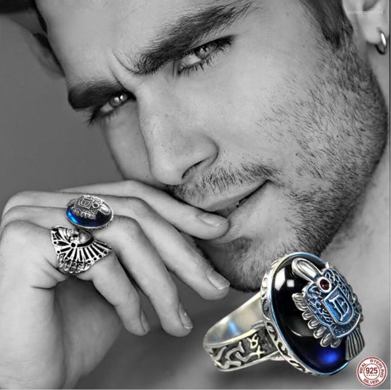 

Cluster Rings S925 Pure Silver Vampire Diaries Damon 2023 Trend Translucent Blue Spinel Wide Version Domineering Wave Of Men's