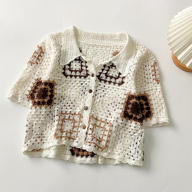 

Women's Blouses Summer Short Sleeve Vintage Shirt Women Designer Tops Crochet Plaid Shirts Female Boho Clothing Blusa Mujer De 2023, White