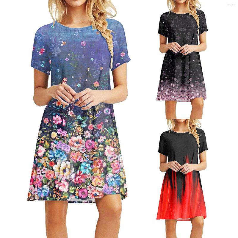 

Casual Dresses Women Summer Short Sleeved Crewneck Tee Shirt Dress Swing Print, Purple