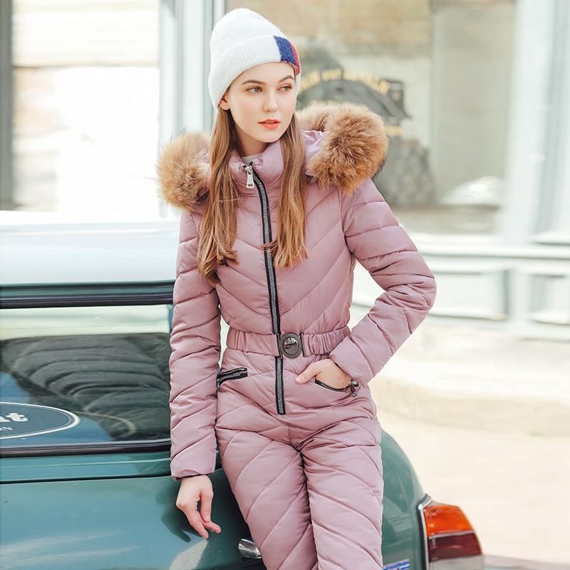 

Women's Jumpsuits & Rompers Winter Cotton Padded Fur Hooded Warm Ski Suit Sashes Overalls One Piece Fashion Parka Coat Set -20CentigradeWome, Navy blue winter set
