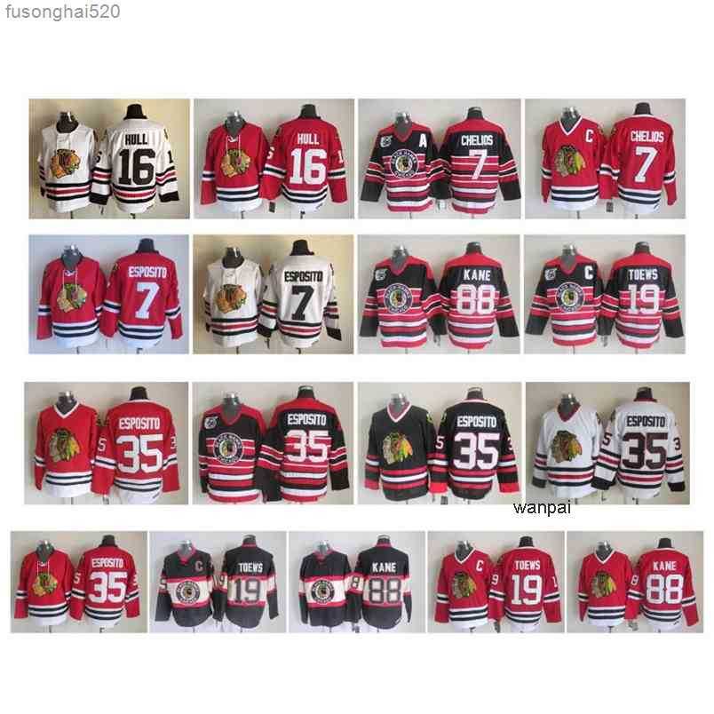 

95 Vintage Chicago Blackhawks Jersey 35 Tony Esposito 16 Brett Hull 3 Pierre Pilote 7 Phil Esposito Chris Chelios 19 Toews CCM Retro Hockey, As pic