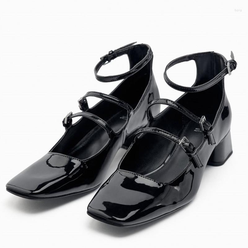 

Sandals 2023 TRAF Women Black Leather Heeled Summer Squared Toe Block Heel High Heels Female Comfort Plus Size Pump Shoes