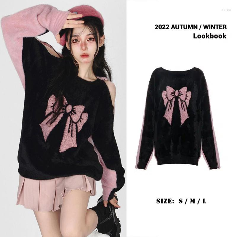 

Women' Sweaters 2023 Winter Sweet Wind Sweater Baby Sweetheart Black Pink Bow Long Sleeve Loose Top, A1