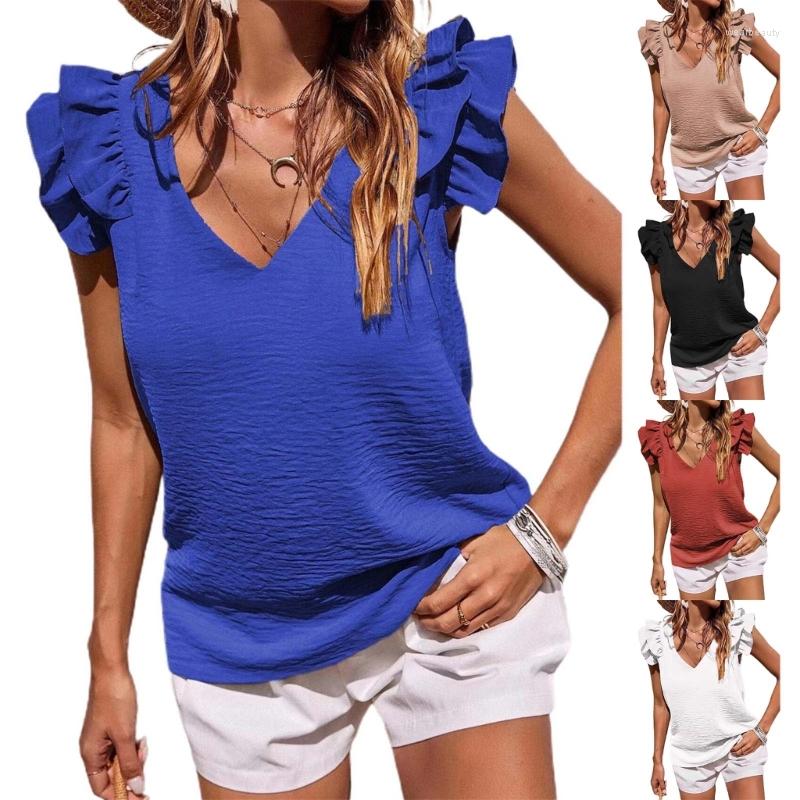

Women's Tanks Women Summer Ruffle Cap Sleeve V Neck Casual Loose Top Solid Color Tees, Black