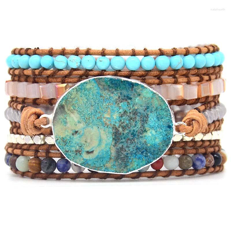 

Charms Ocean Blue Stone Connector For Boho 5X Leather Friendship Wrap Bracelet Chic Jewelry Bohemian Making