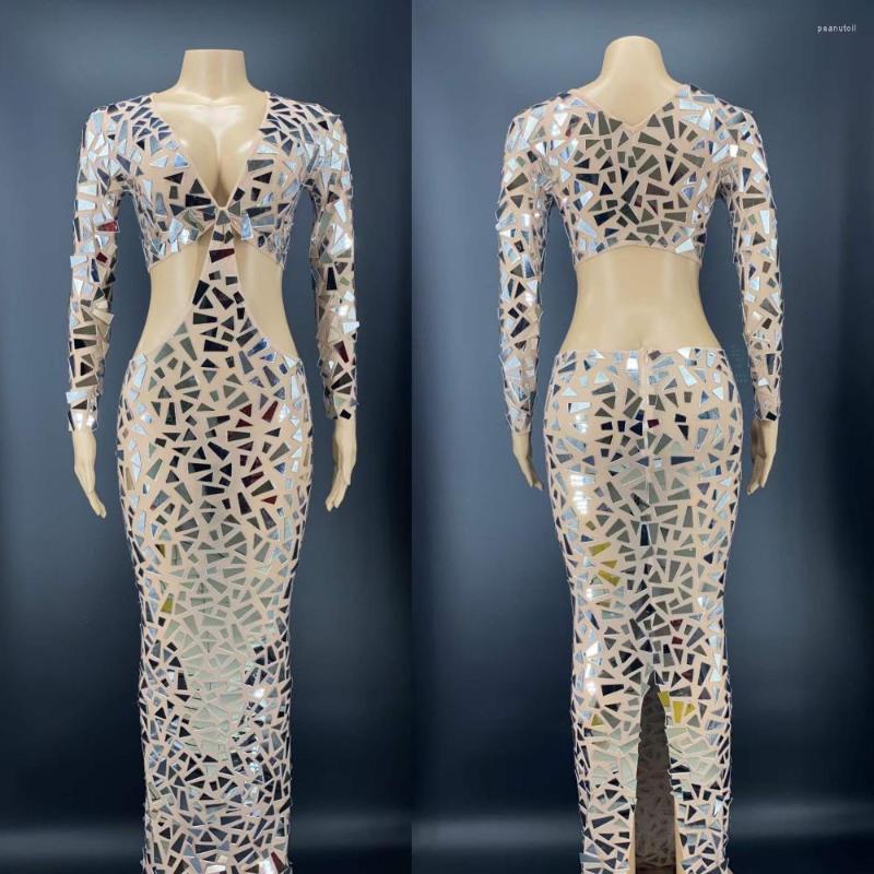 

Stage Wear Shining Mirror Sequins Hollow Out V-Neck Sexy Women Split Dress Evening Party Club Birthday Clothing Singer Costumes