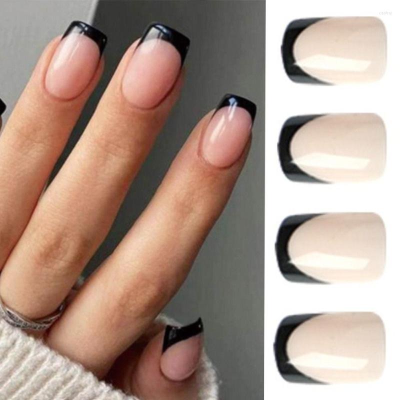 

False Nails 24pcs Nail Tips Press On Fake Nials DIY Black Edge Short Square French, White