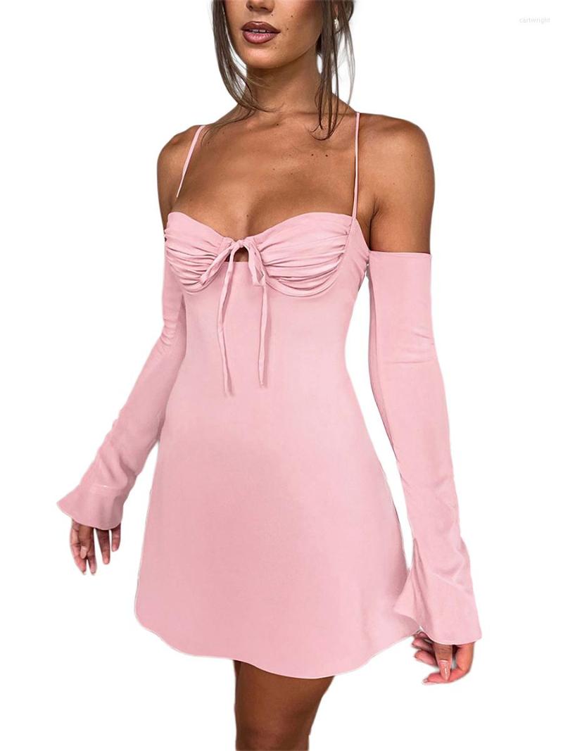 

Casual Dresses Women Sling Dress Spaghetti Strap Low-cut Lacing Summer Mini With Oversleeves, Red