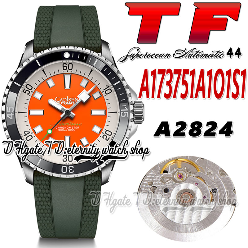

TF Superocean 44 ETA A2824 Automatic Mens Watch A173751A1O1S1 Ceramic Bezel Orange White Dial Stick Markers Steel Case Rubber Strap Super Edition eternity Watches, Watch waterproof production cost