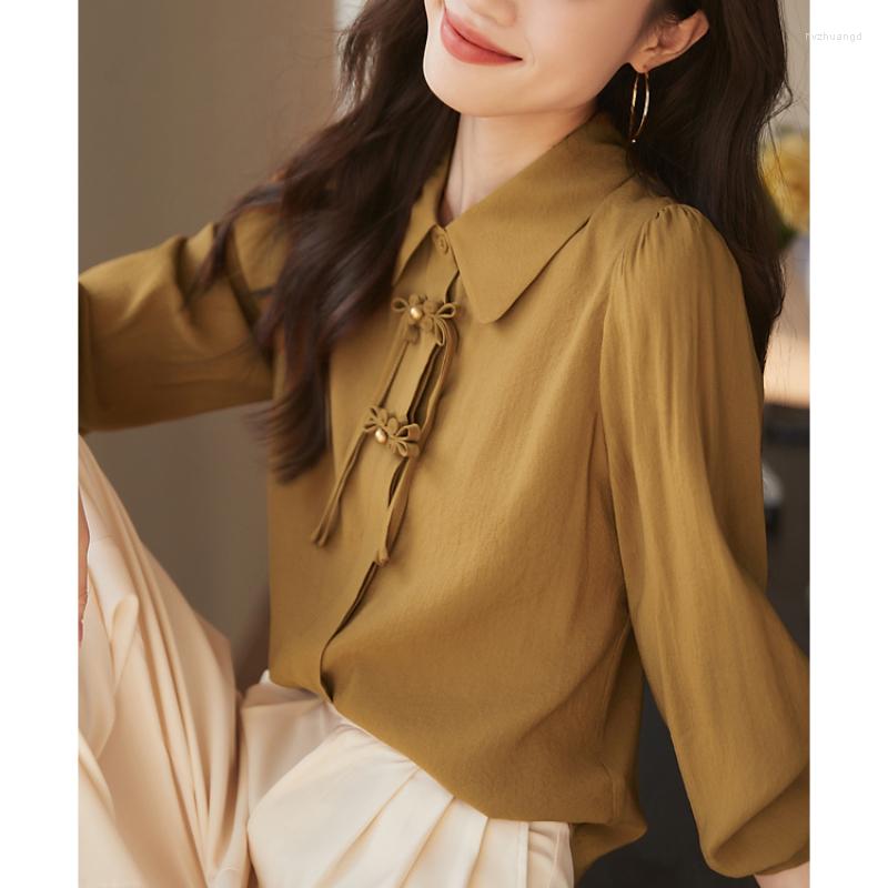 

Women' Blouses Satin Shirt For Women Summer 2023 In Silk Solid Chinoiserie Loose Long Sleeve Top Fashionable Turn-down Collar, Ginger yellow