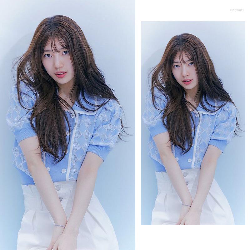 

Women' Blouses Kpop IU Seo Yea Ji Blue Lapel Hollow Short-sleeved Knitted Shirts Women Summer Sweet Double Breasted Cardigan Tops