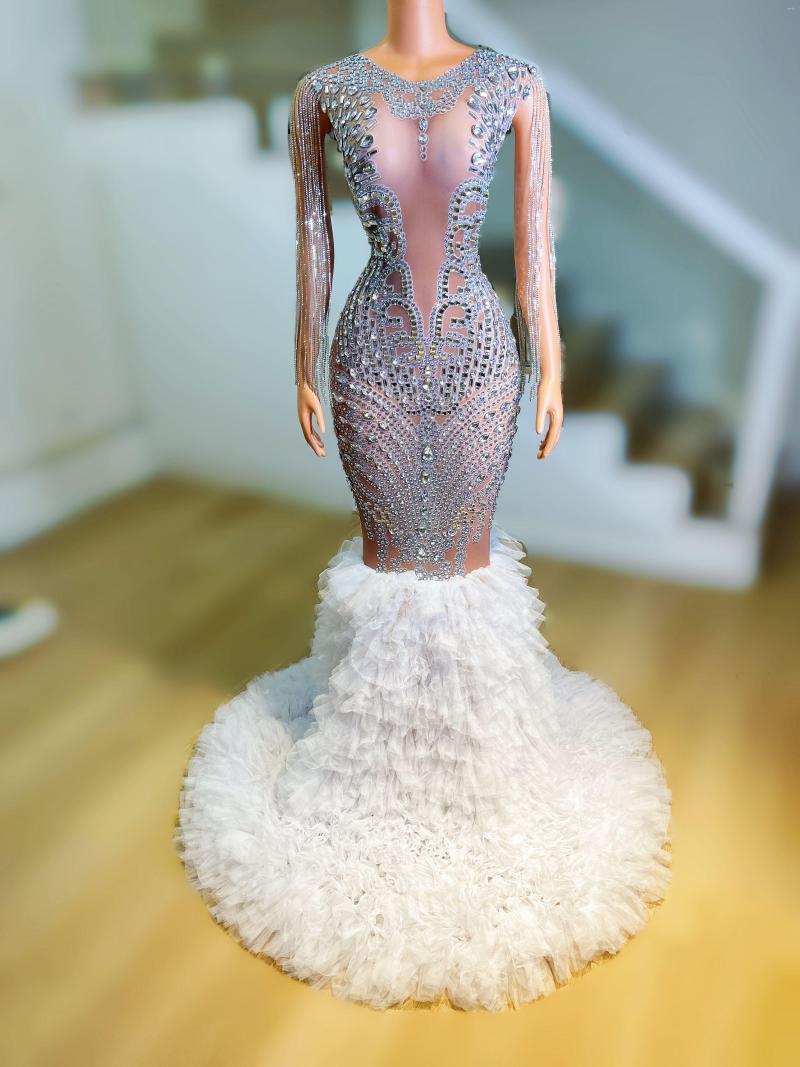 

Stage Wear Sparkly Silver Stones Chains Fringes Dress Evening Birthday Celebrate MESH Costume Prom Party Show Long Train, Nude