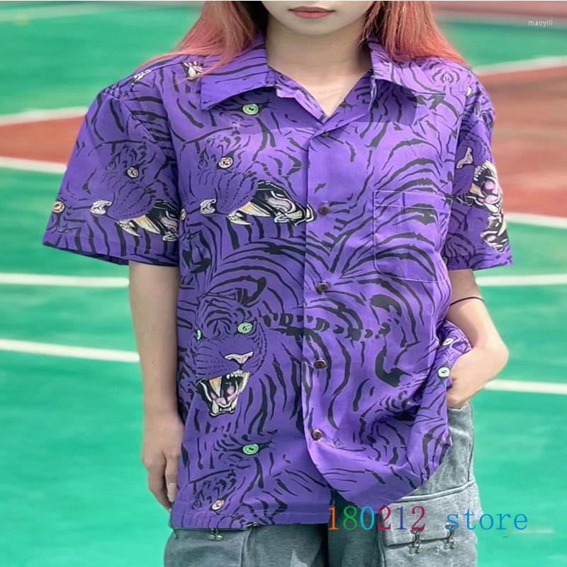 

Men' Casual Shirts Purple WACKO MARIA Tiger Pattern Short Shirt Men Women Quality Summer Hawaii Beach Style