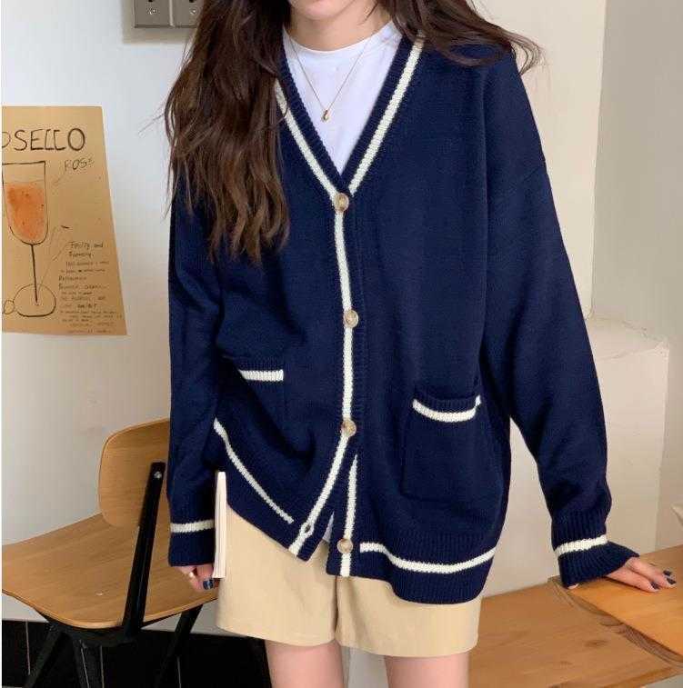 

Womens Korean Style Contrast Color Sweaters V Neck Knitwear Autumn Idle Youthful, Yellow