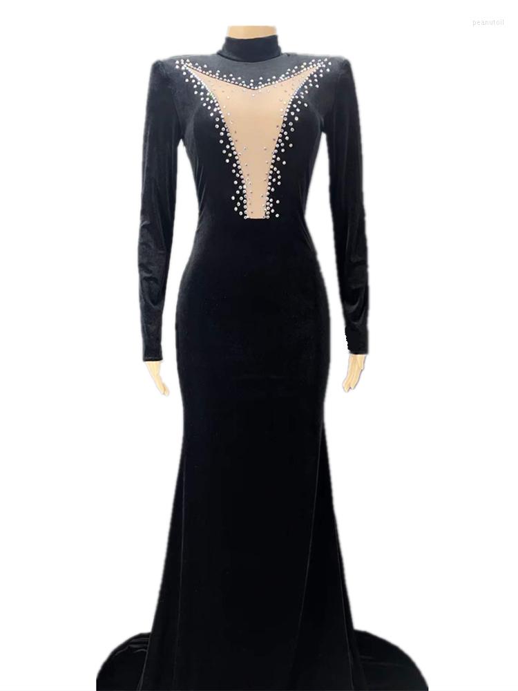 

Stage Wear Black Swan Velvet Long Dress Rhinestones For Women Wedding Evening Banquet Clothing Singer Costume Prom Dance Wears
