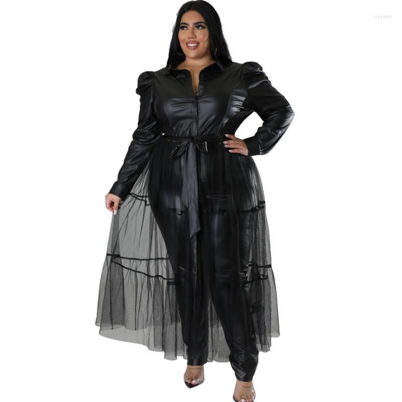 

Plus Size Dresses Leather Dress Women Mesh Patchwork High Waist Robes Autumn Fashion Oversize Streetwear Long Shirt Vestidos, Black