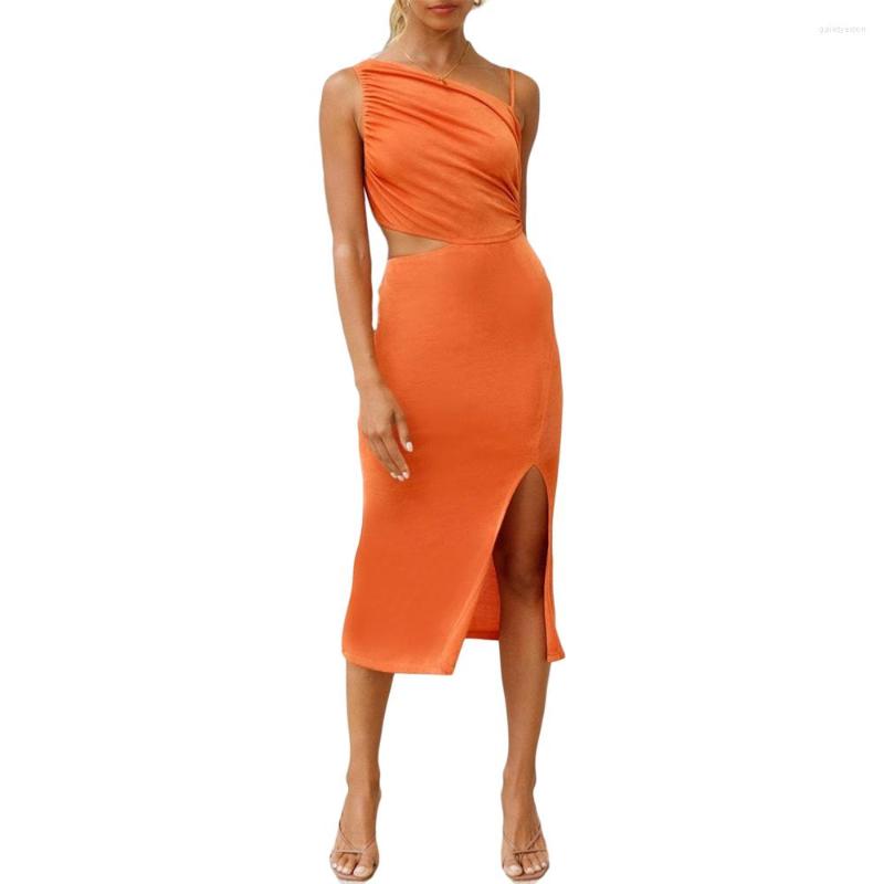 

Casual Dresses Douhoow Women' Sexy Waist Hollow-out Split Solid Color Summer Ladies Dress One Side Sling Oblique Shoulder, Beige